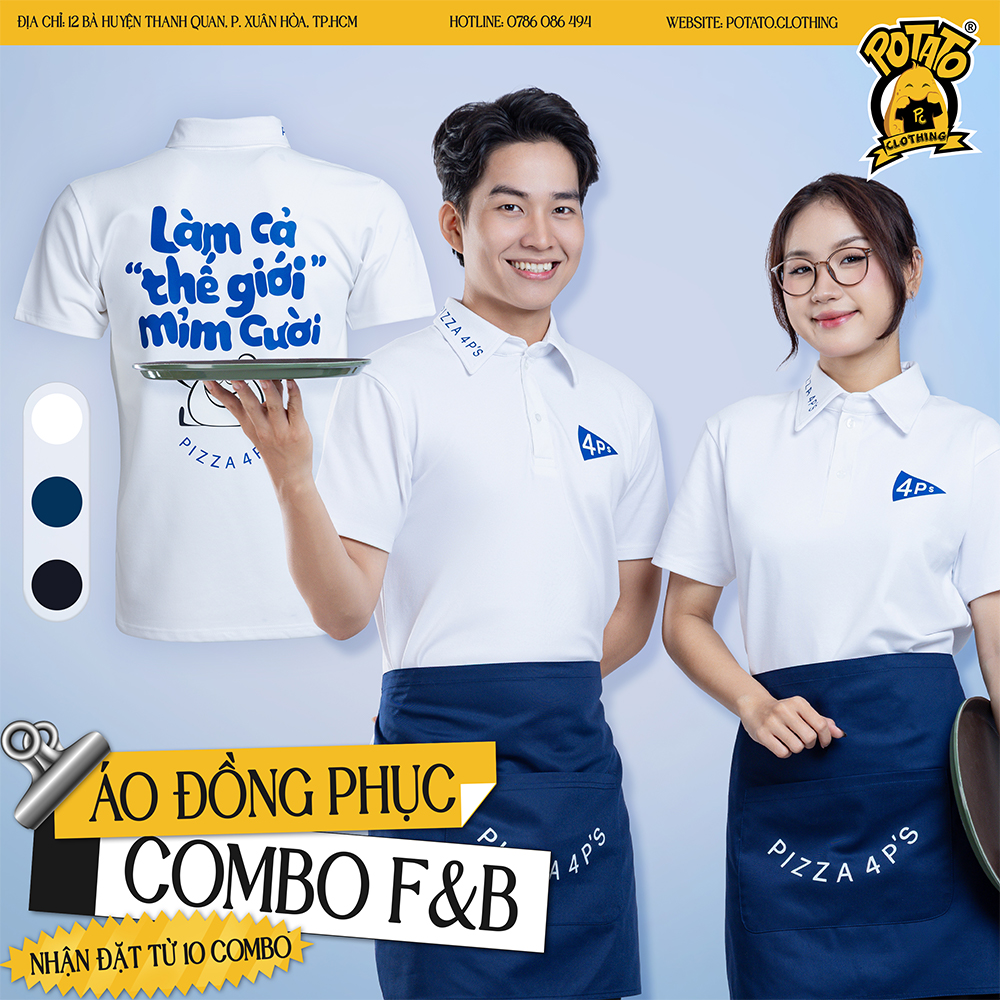 Combo đồng phục F&B Pizza 4P's áo polo trắng tạp dề xanh đen