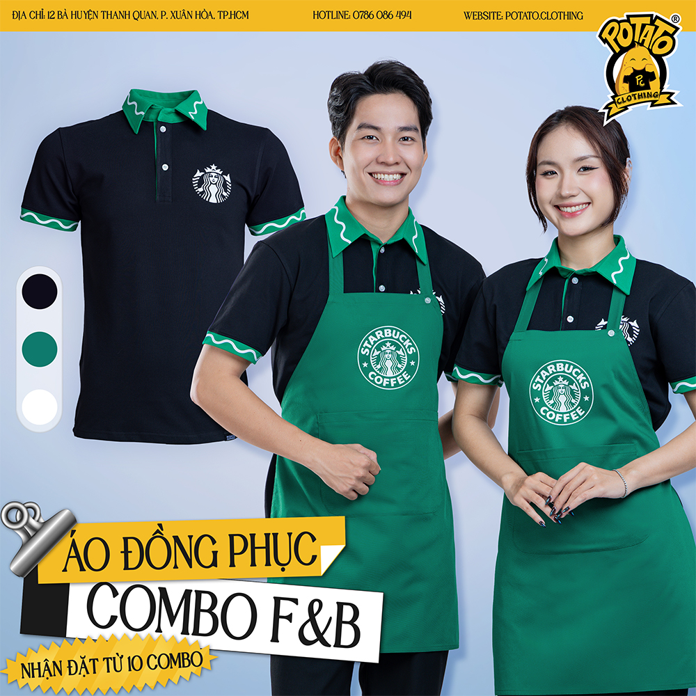 Combo đồng phục F&B Starbucks đen xanh lá tạp dề in logo