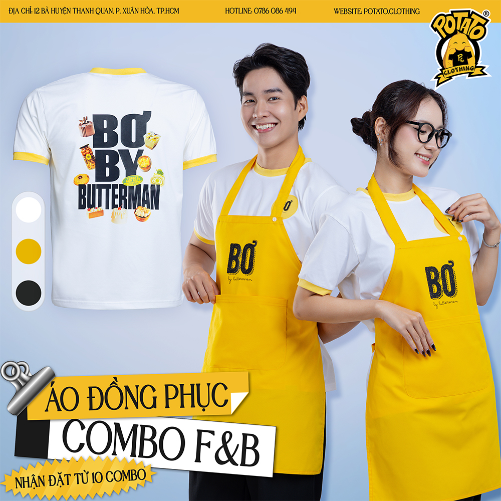 Combo đồng phục F&B Bơ Butterman áo thun trắng viền vàng tạp dề