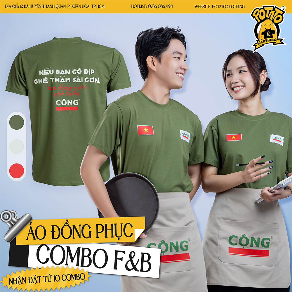 Combo đồng phục F&B Cộng Cà Phê xanh lính tạp dề be cờ đỏ sao vàng
