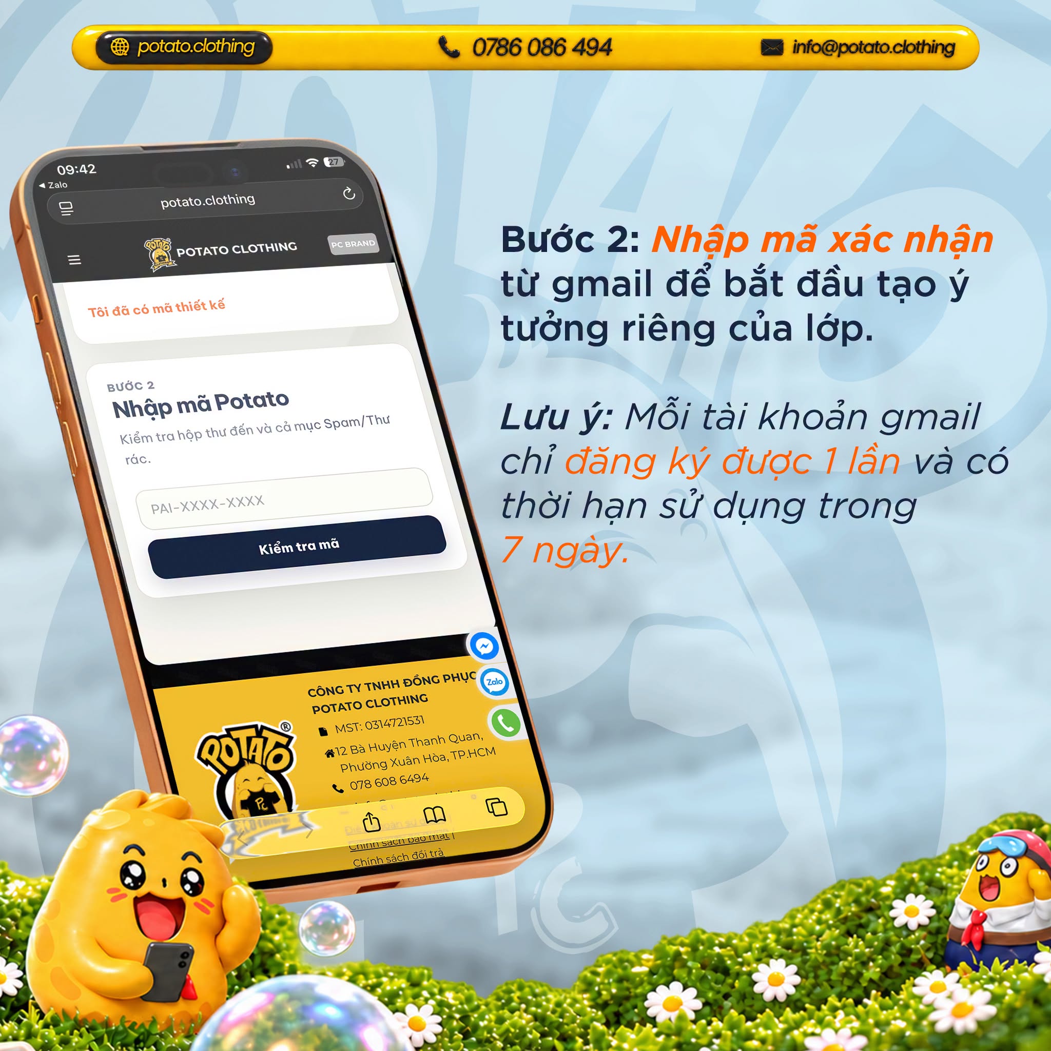 Bước 2 nhập mã xác nhận Gmail tại Potato AI Design Studio