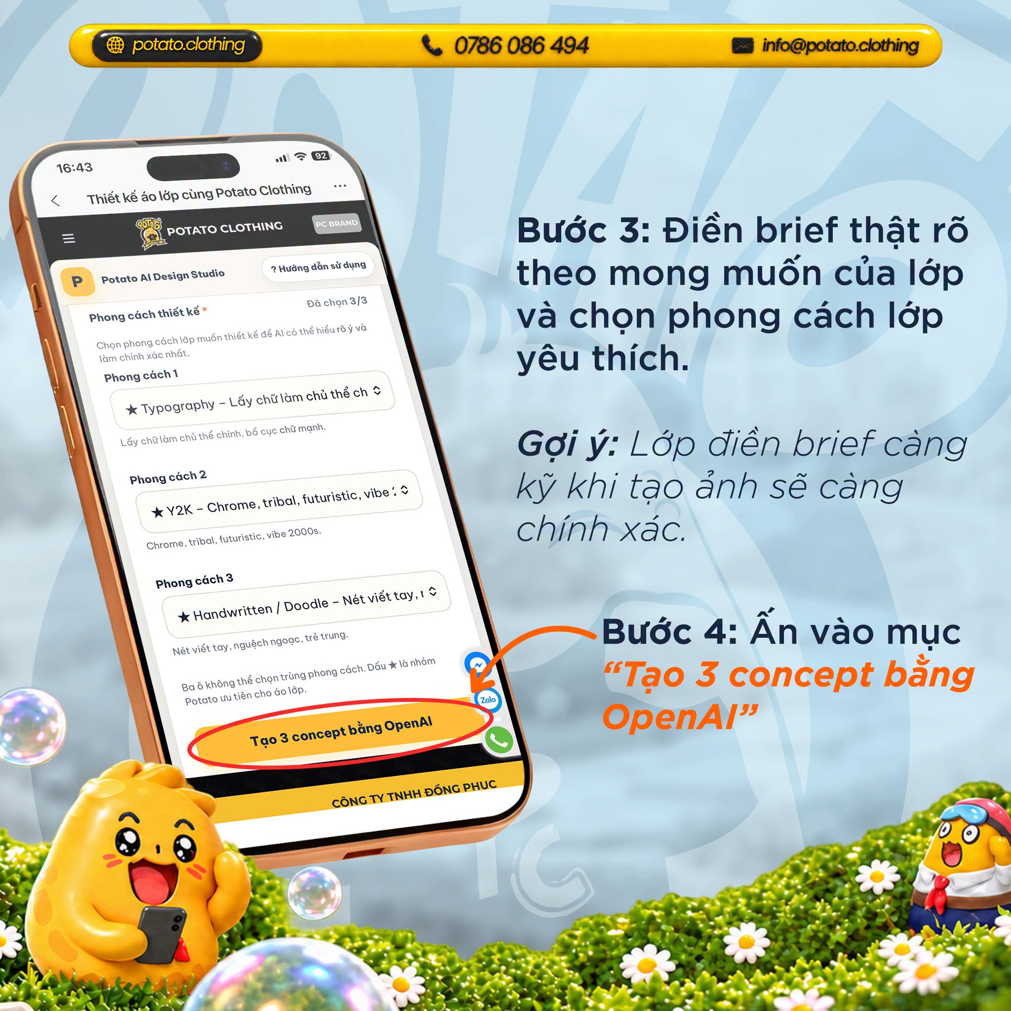 Bước 3 viết brief và bước 4 tạo 3 concept áo lớp bằng AI