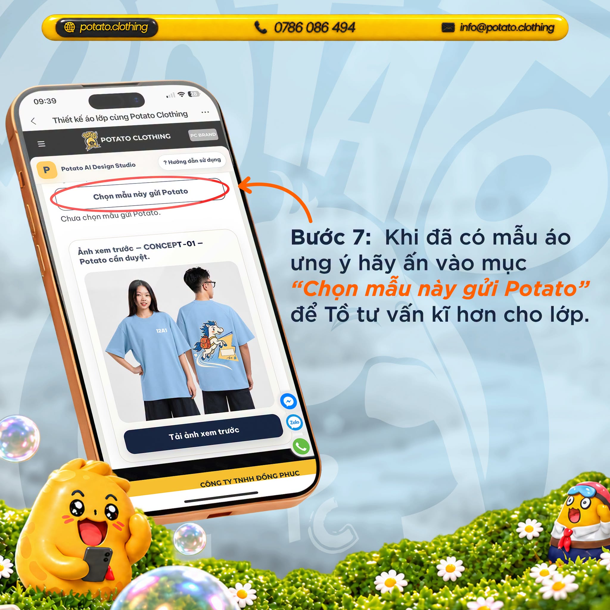 Bước 7 gửi mẫu áo lớp đã chọn cho Potato Clothing