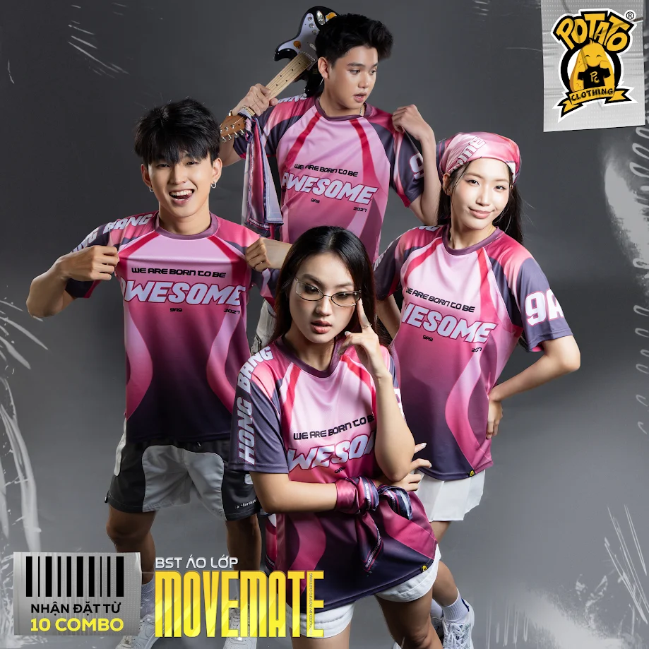 Nhóm học sinh mặc áo AWESOME hồng trong BST áo lớp MOVEMATE