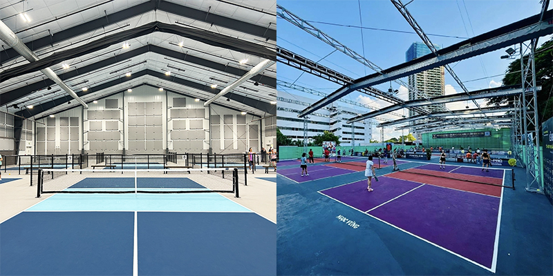  Sân pickleball trong nhà có mặt sân gỗ, sân ngoài trời là bê tông