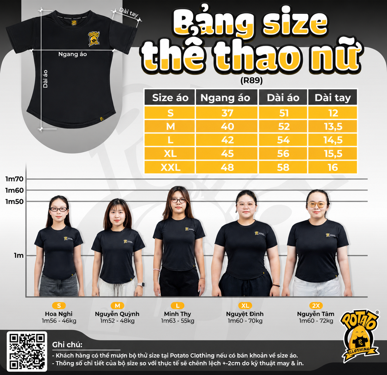 Bảng size áo thể thao nữ form ôm Potato Clothing