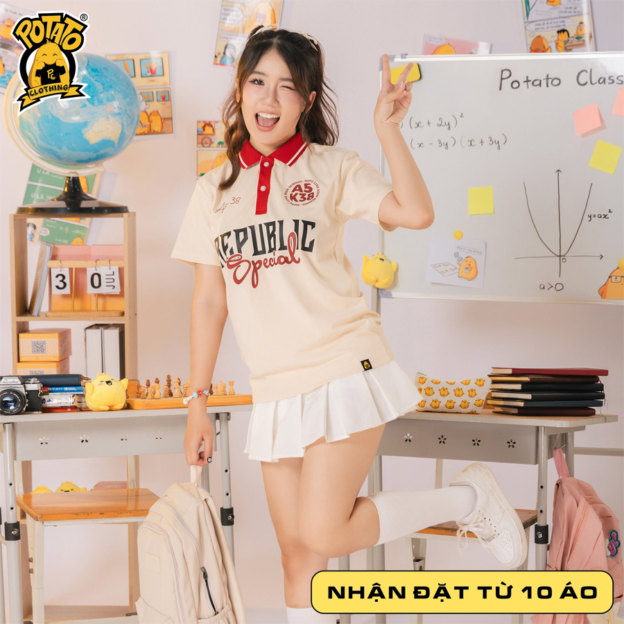 Áo lớp màu kem phối đỏ đô