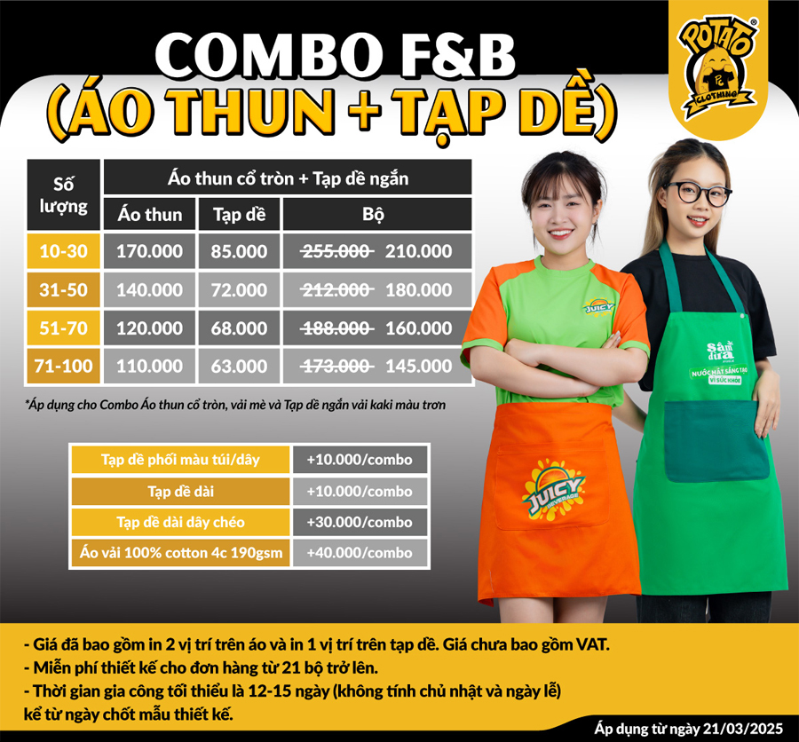 Bảng giá combo đồng phục F&B 1 tại Potato Clothing