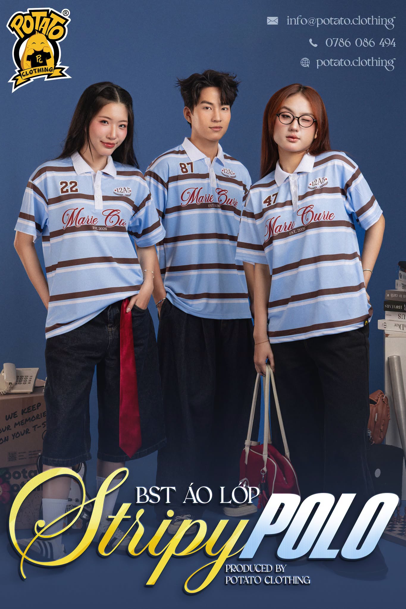 BST Áo lớp Stripy Polo sọc xanh dương