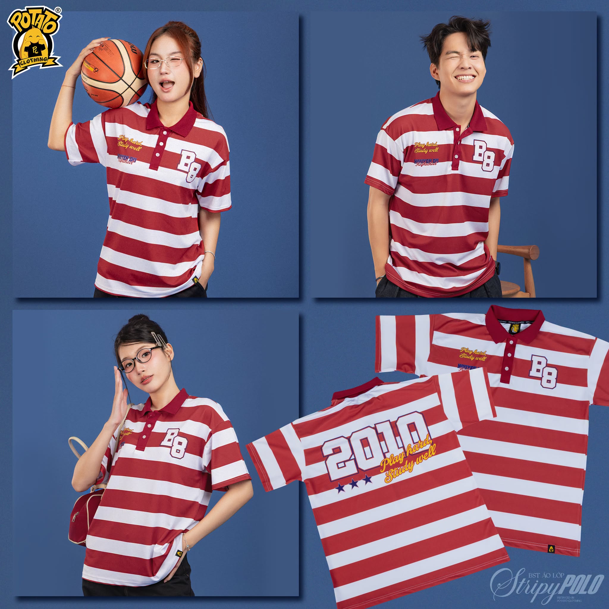 BST Áo lớp Stripy Polo sọc đỏ