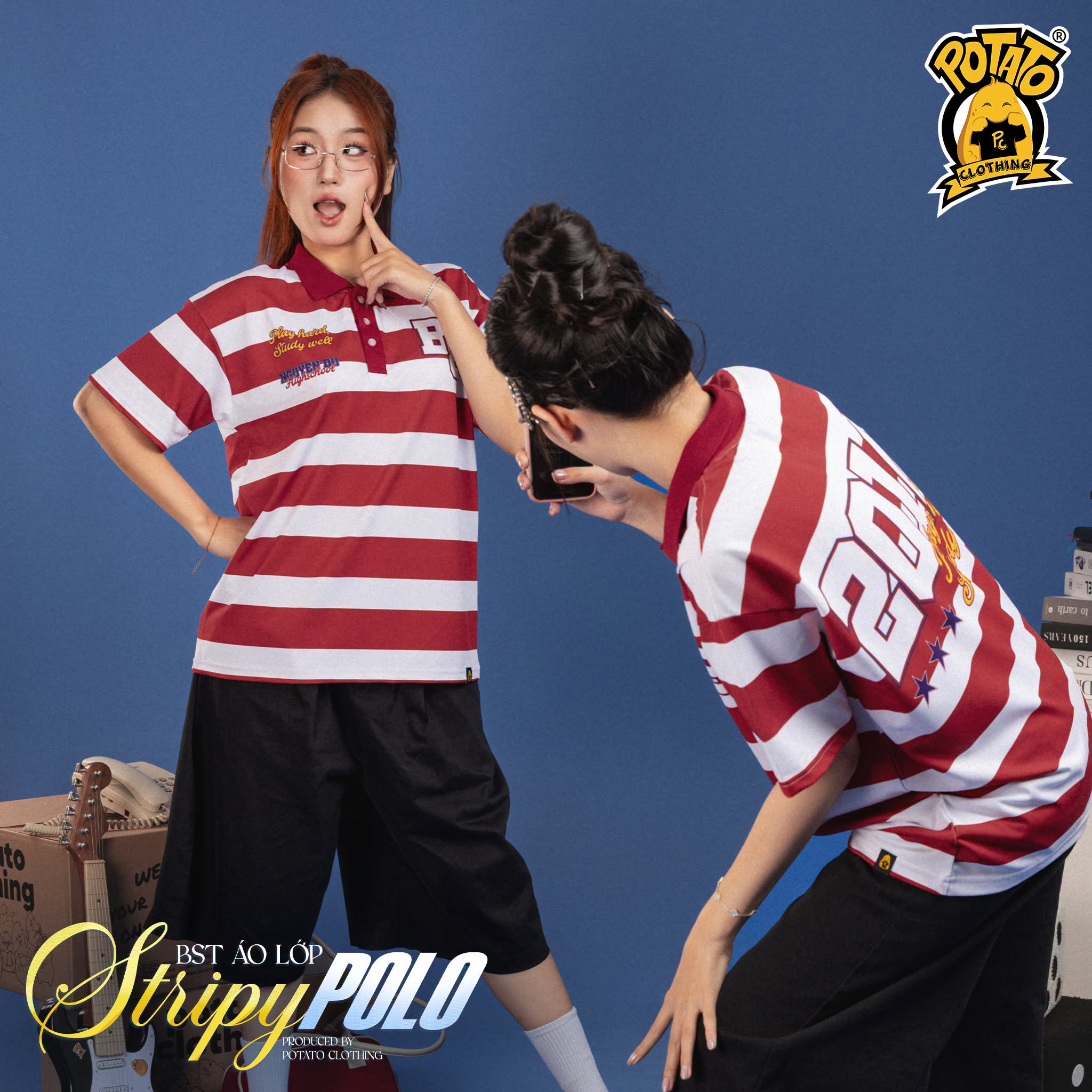 BST Áo lớp Stripy Polo sọc đỏ