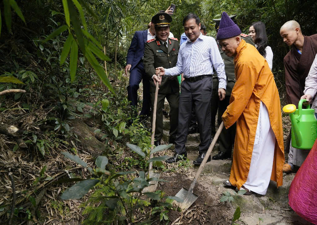 Hòa thượng Thích Thanh Quyết trực tiếp vun trồng những mầm xanh đầu tiên tại khu vực đường đi lên Đỉnh Bàn Cờ Tiên