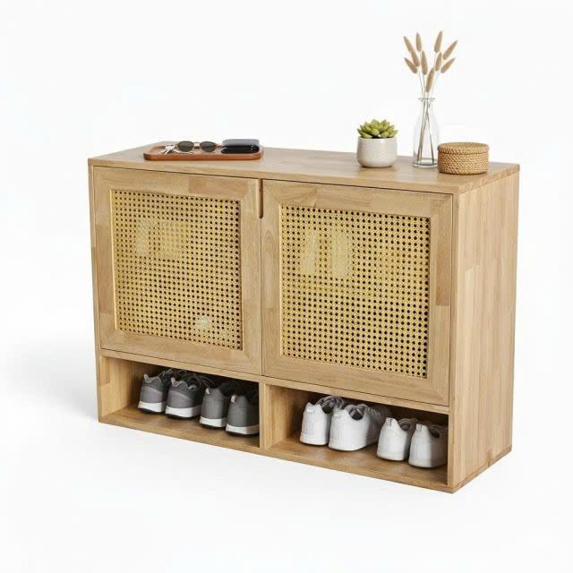 Tủ Giày Gỗ Tự Nhiên Cánh Mây Đan 2 Ngăn