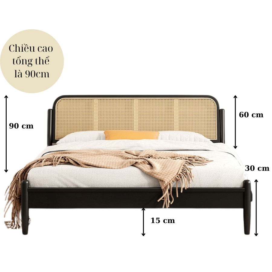 Giường gỗ mã DV6 - Giường ngủ Decor kết hợp mây mắt cáo từ gỗ thông nhập khẩu