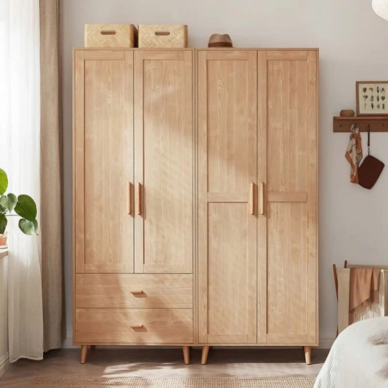 Tủ Quần Áo Gỗ Tự Nhiên 4 Cánh 2 Hộc Kéo Hiện Đại