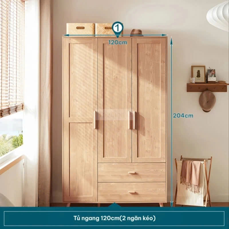 Tủ Quần Áo Gỗ Tự Nhiên 4 Cánh 2 Hộc Kéo Hiện Đại