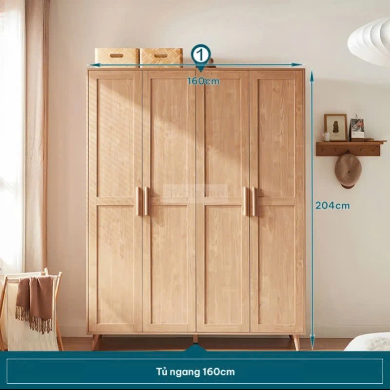 Tủ Quần Áo Gỗ Tự Nhiên 4 Cánh 2 Hộc Kéo Hiện Đại
