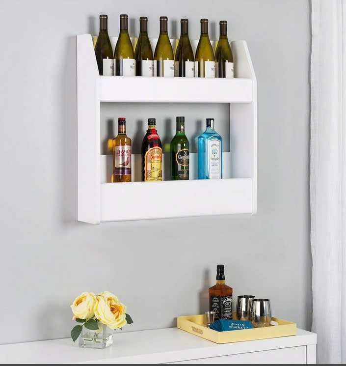 Kệ Rượu Treo Tường 2 Tầng Gỗ MDF Sơn Trắng Hiện Đại