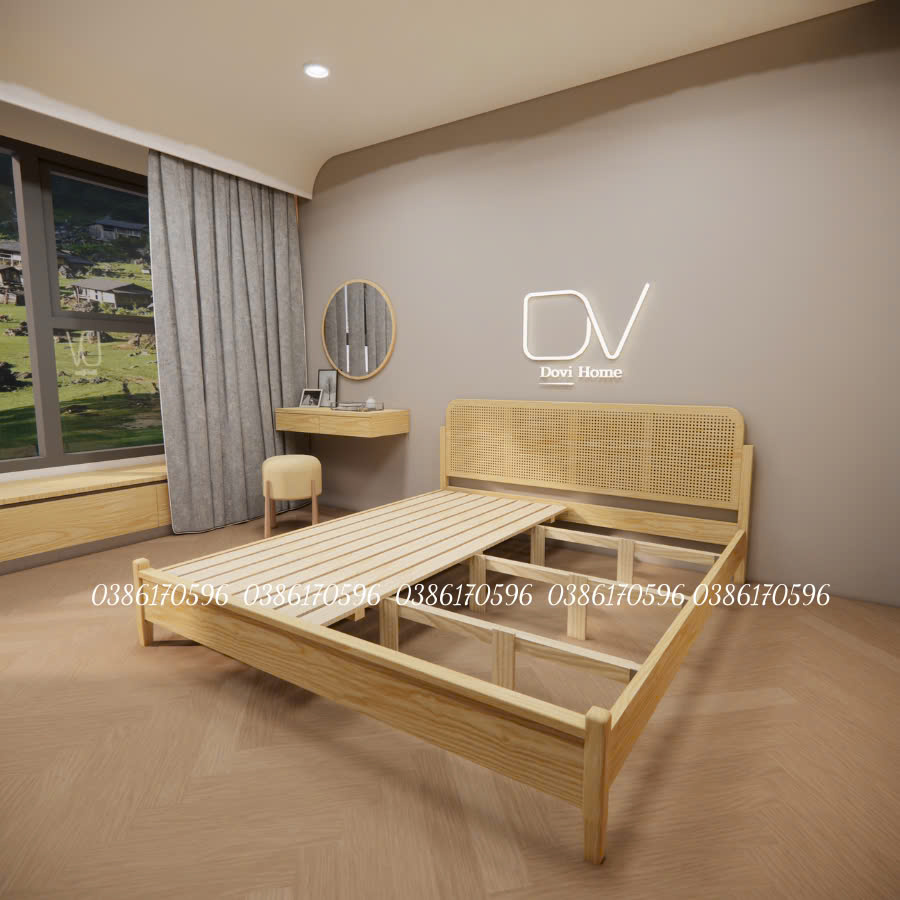 Giường gỗ mã DV6 - Giường ngủ Decor kết hợp mây mắt cáo từ gỗ thông nhập khẩu