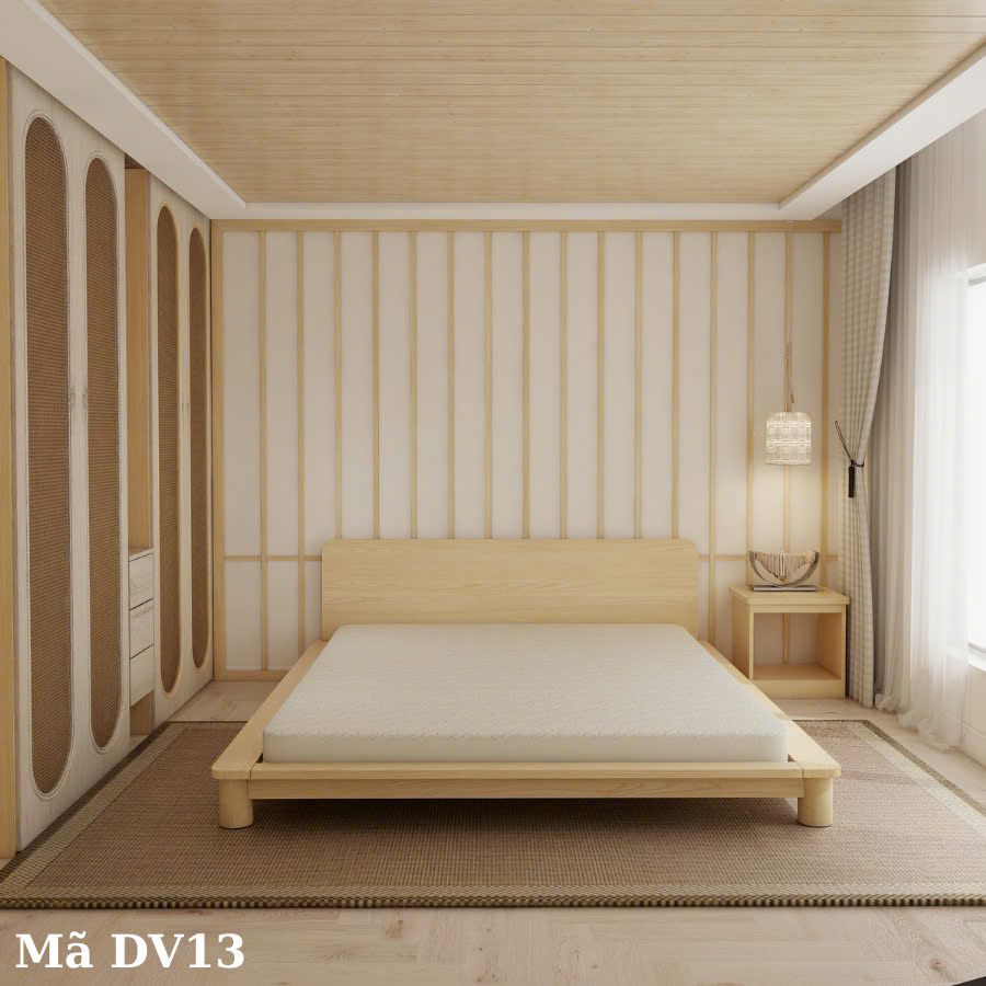 Giường gỗ DV13 - Giường ngủ Decor, giường chân tròn, có viền bo cạnh,tựa đầu tối giản làm từ gỗ thông nhập khẩu