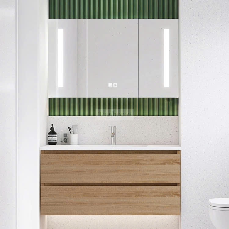 Tủ Lavabo Treo Tường Gỗ Công Nghiệp Kèm Gương Led Hiện Đại