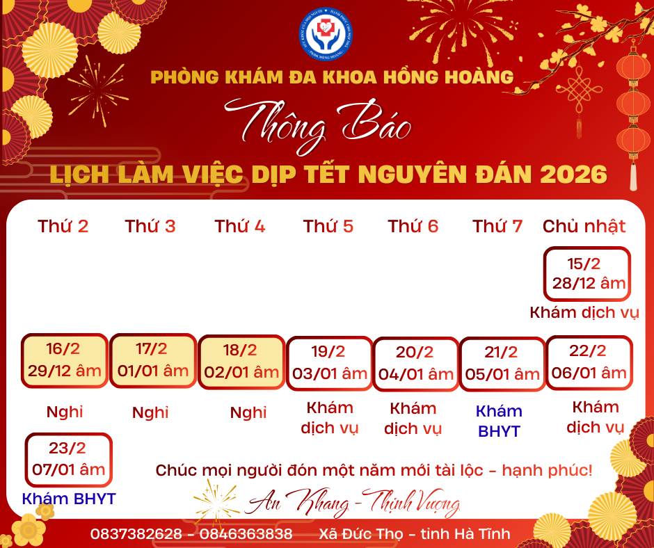 Phòng khám đa khoa Hồng Hoàng thông báo lịch làm việc dịp Tết Nguyên đán 2026
