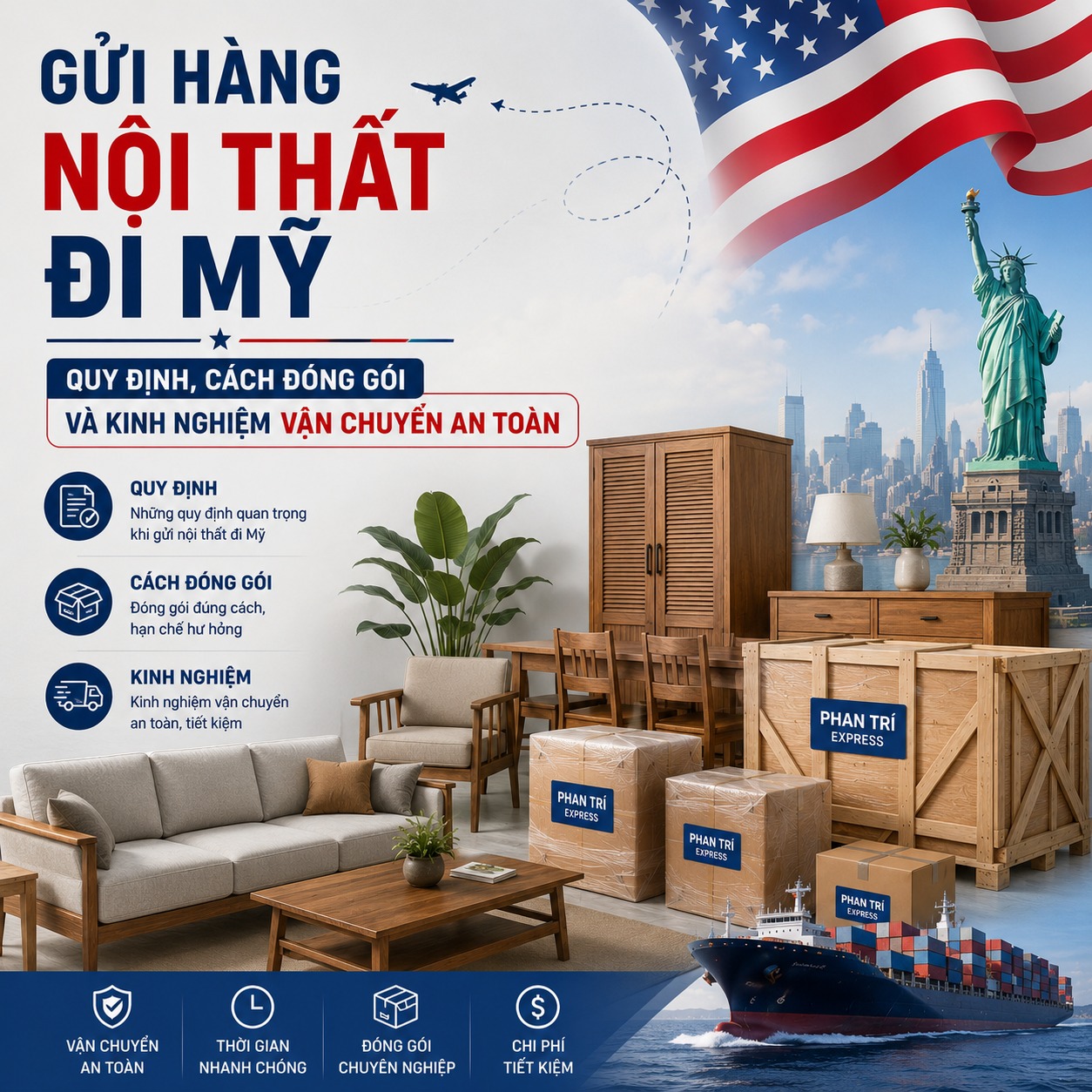 Gửi hàng nội thất đi Mỹ: Quy định, cách đóng gói và kinh nghiệm vận chuyển an toàn