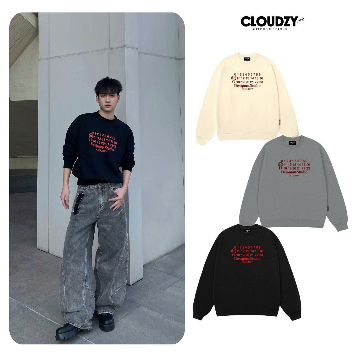 Áo sweater nỉ CLOUDZY sweatshirt form rộng unisex in chữ số studio chất nỉ cotton dài tay áo khoác nỉ CALENDAR
