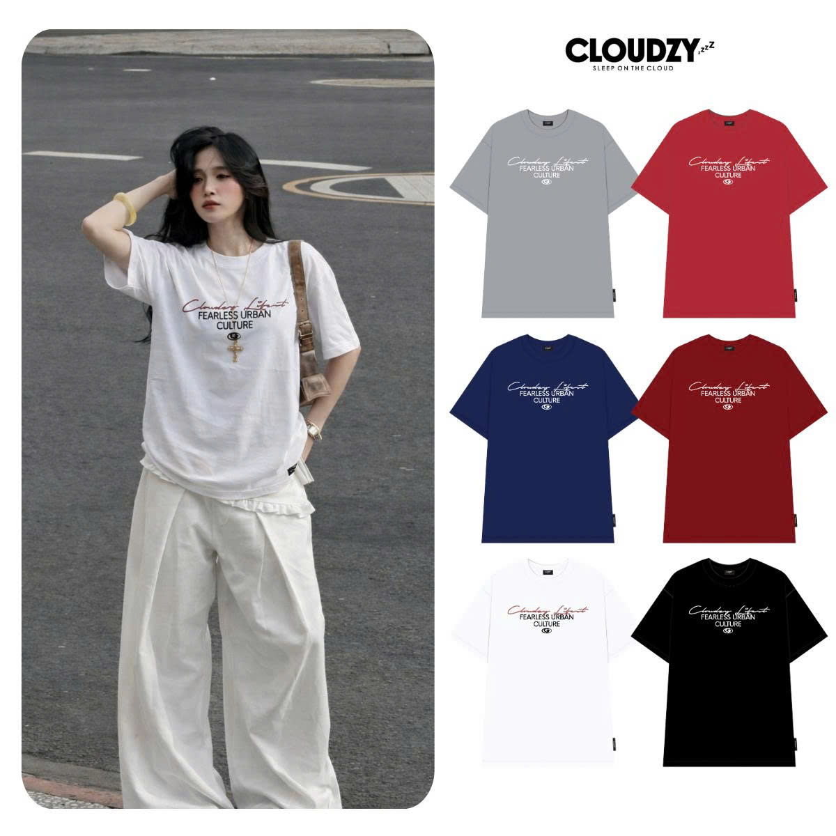 [BST HÈ] Áo thun oversize CLOUDZY phong cách mùa hè streetwear đi học unisex 100% cotton 250GSM áo phông tết màu đỏ LIFE