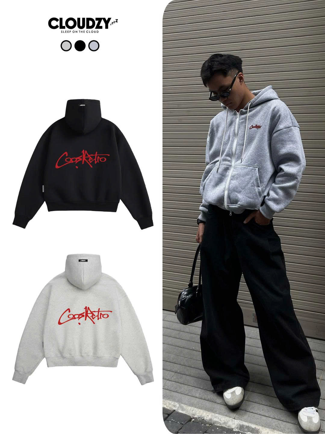 Áo hoodie zip boxy nam local brand Cloudzy hoodie nỉ bông nữ unisex form rộng basic mũ siêu to RETRO