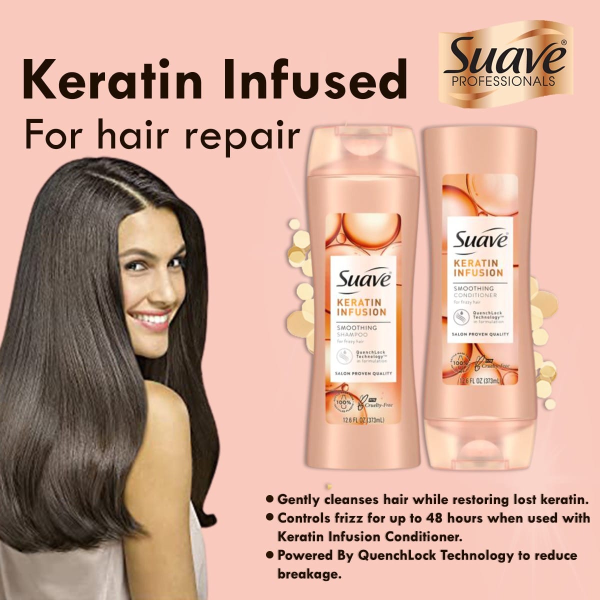 CẶP DẦU GỘI, XẢ PHỤC HỒI GIÚP TÓC SUÔN MƯỢT, BỔ SUNG KERATIN, LÝ TƯỞNG CHO TÓC XOĂN, TÓC KHÔ VÀ XƠ RỐI, SUAVE KERATIN INFUSION SMOOTHING FOR FRIZZY HAIR ( 1 CHAI DẦU GỘI SMOOTHING SHAMPOO 532ML + 1 CHAI DẦU XẢ SMOOTHING CONDITIONER 532ML )