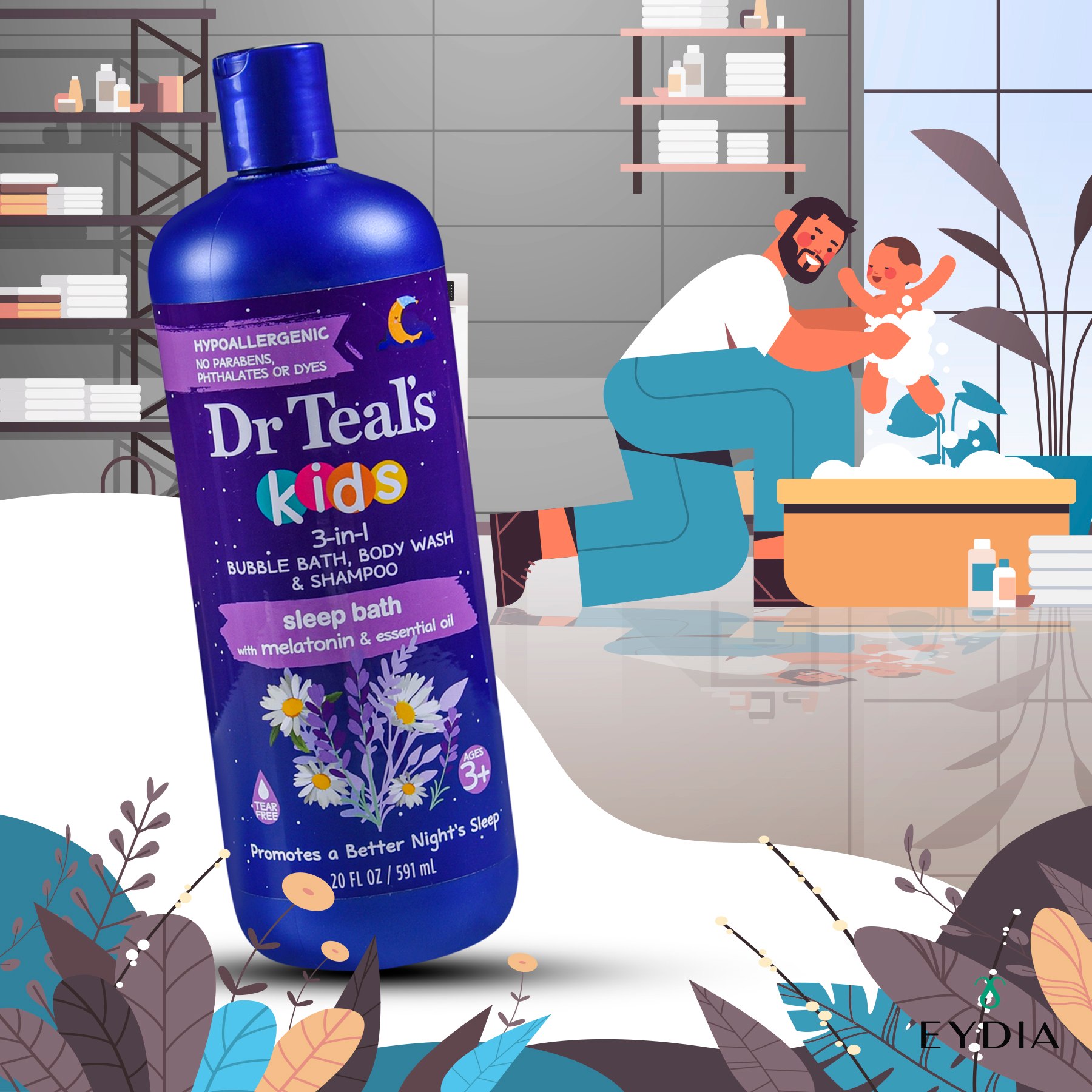 SỮA TẮM KIÊM DẦU GỘI TẠO BỌT  3 TRONG 1, GIÚP THƯ GIÃN, NGỦ NGON DÀNH CHO TRẺ EM TỪ 3 TUỔI TRỞ LÊN, DR TEAL'S KIDS 3-IN-1 BUBBLE BATH, BODY WASH & SHAMPOO SLEEP BATH ( CHAI 591ML )