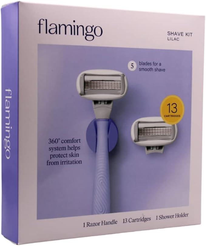 BỘ DAO CẠO NỮ 5 LƯỠI KÉP FLAMINGO SHAVE KIT LILAC GỒM 1 DAO CẠO, 13 LƯỠI THAY THẾ , 1 GIÁ ĐỠ DAO GẮN TƯỜNG g