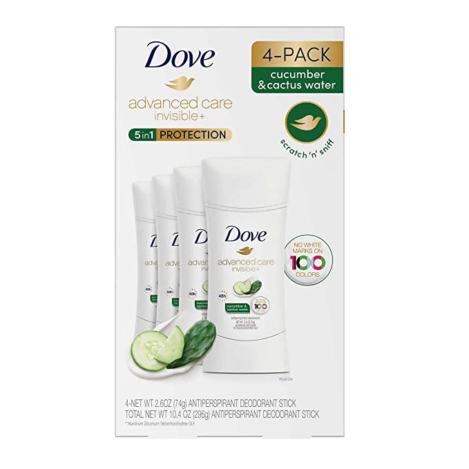 SÉT 4 CÂY THANH LĂN KHỬ MÙI NỮ 5 TRONG 1 DOVE CHIẾT XUẤT DƯA LEO VÀ XƯƠNG RỒNG, DOVE ADVANCED CARE INVISIBLE+ 5 IN 1 PROTECTION CUCUMBER & CACTUS WATER (  4 THANH LĂN x 74G )