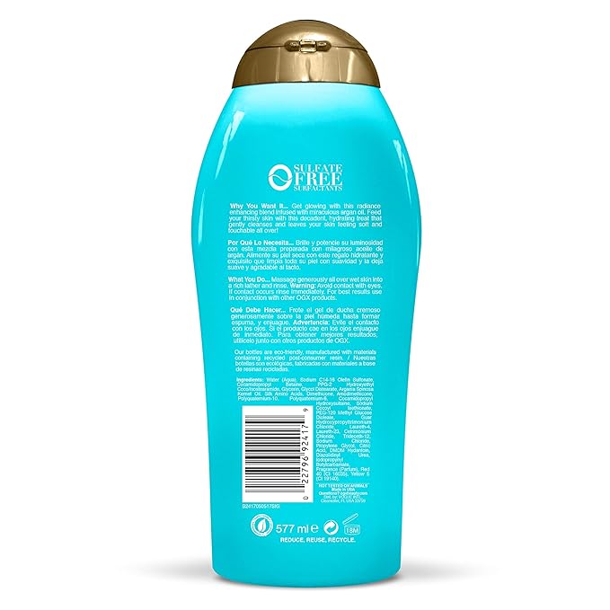 SỮA TẮM DƯỠNG ẨM VỚI DẦU ARGAN, OGX EXTRA HYDRATING RADIANT GLOW ARGAN OIL OF MOROCCO BODY WASH 577ML