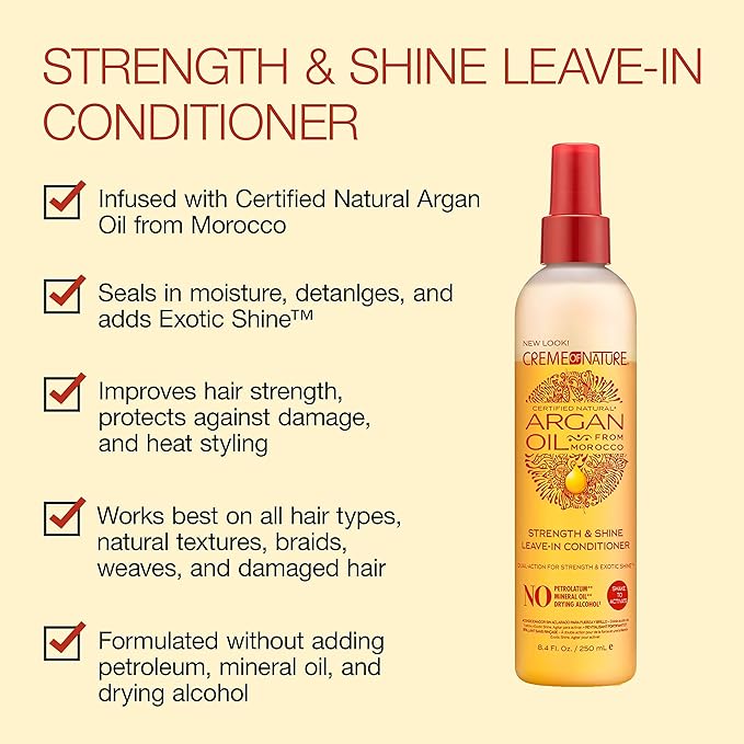 XỊT DƯỠNG TĂNG CƯỜNG ĐỘ ĐÀN HỒI VÀ BÓNG MƯỢT CHO MÁI TÓC VỚI CHIẾT XUẤT DẦU ARGAN, CREME OF NATURE ARGAN OIL FROM MOROCCO STRENGTH & SHINE LEAVE-IN CONDITIONER 250 ML