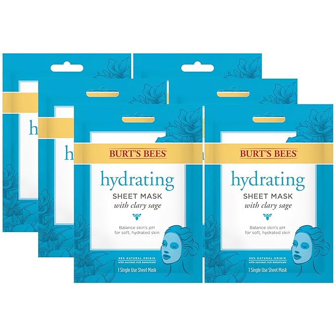 SET 6 MẶT NẠ GIẤY CẤP ẨM CÂN BẰNG ĐỘ PH GIÚP LÀN DA MỀM MẠI, NGẬM NƯỚC BURT'S BEES HYDRATING SHEET MASK WITH CLARY SAGE