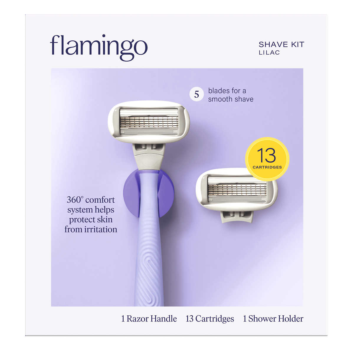 BỘ DAO CẠO NỮ 5 LƯỠI KÉP FLAMINGO SHAVE KIT LILAC GỒM 1 DAO CẠO, 13 LƯỠI THAY THẾ , 1 GIÁ ĐỠ DAO GẮN TƯỜNG g
