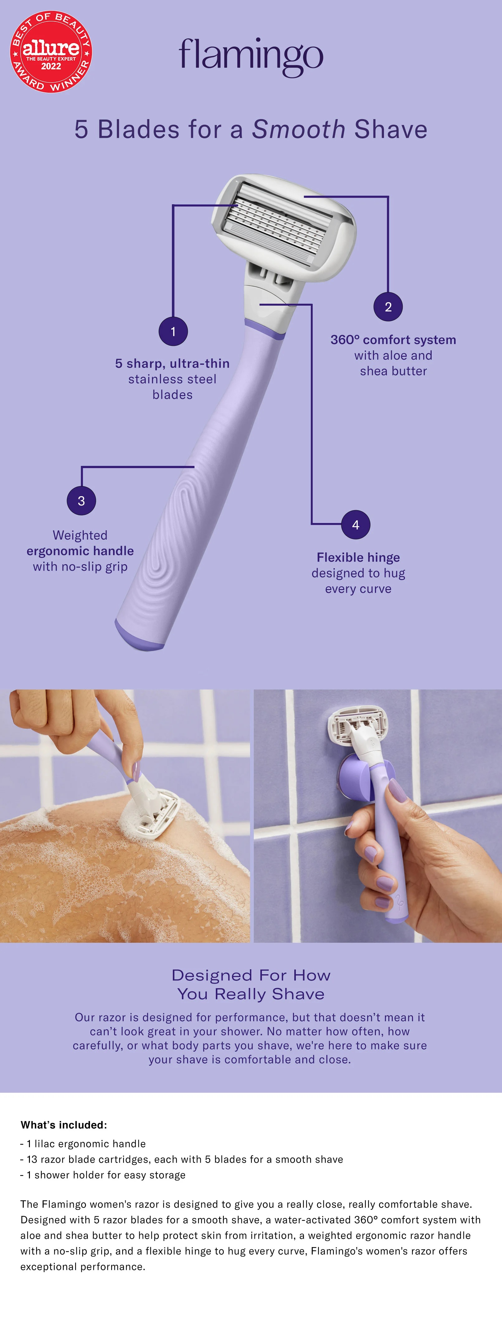 BỘ DAO CẠO NỮ 5 LƯỠI KÉP FLAMINGO SHAVE KIT LILAC GỒM 1 DAO CẠO, 13 LƯỠI THAY THẾ , 1 GIÁ ĐỠ DAO GẮN TƯỜNG g