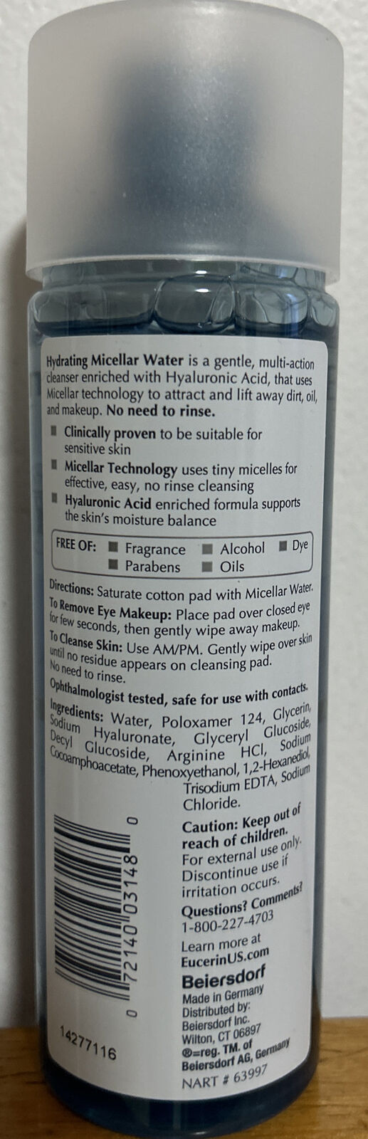 NƯỚC TẨY TRANG DỊU NHẸ DƯỠNG ẨM MICELLAR 3 TRONG 1 CHO DA NHẠY CẢM EUCERIN HYDRATING MICELLAR WATER 3 IN 1 200ML