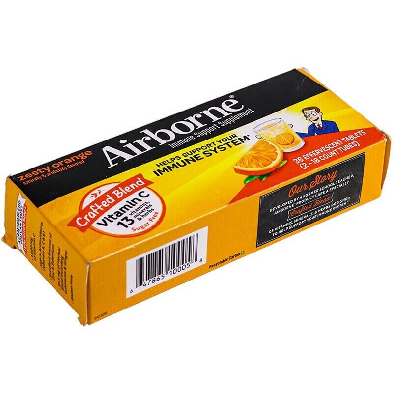 VIÊN SỦI BỔ SUNG VITAMIN C, HỖ TRỢ MIỄN DỊCH VỊ CAM, AIRBORNE IMMUNE SUPPORT SUPPLEMENT, HỘP 36 VIÊN NÉN TRONG 2 ỐNG