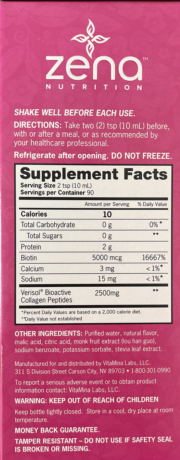 NƯỚC UỐNG BỔ SUNG COLLAGEN + BIOTIN KHÔNG ĐƯỜNG CHỐNG OXY HÓA LÀM ĐẸP DA, TỐT CHO XƯƠNG KHỚP ZENA NUTRITION LIQUID COLLAGEN 2500G + BIOTIN 5000MCG CHAI 900ML