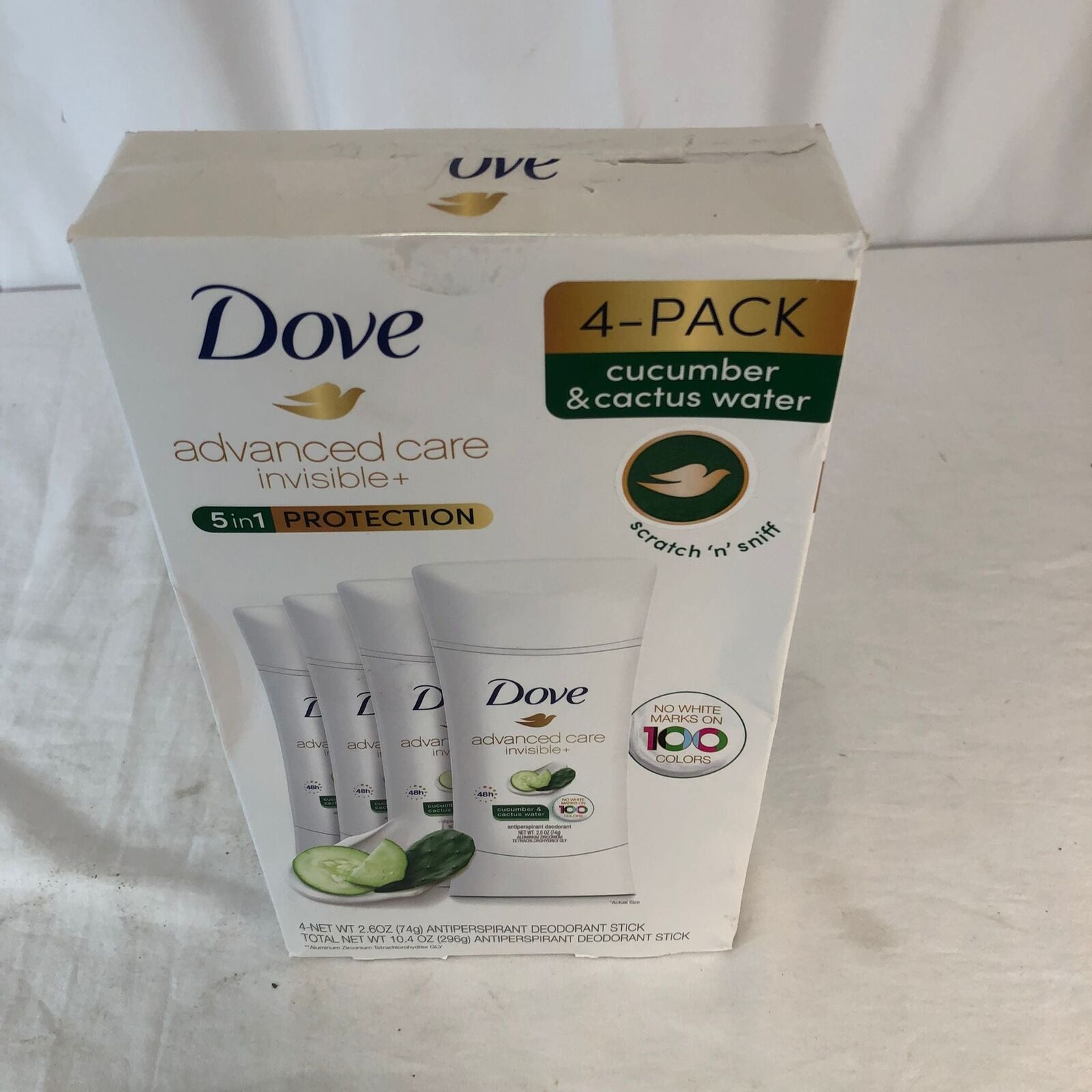 SÉT 4 CÂY THANH LĂN KHỬ MÙI NỮ 5 TRONG 1 DOVE CHIẾT XUẤT DƯA LEO VÀ XƯƠNG RỒNG, DOVE ADVANCED CARE INVISIBLE+ 5 IN 1 PROTECTION CUCUMBER & CACTUS WATER (  4 THANH LĂN x 74G )