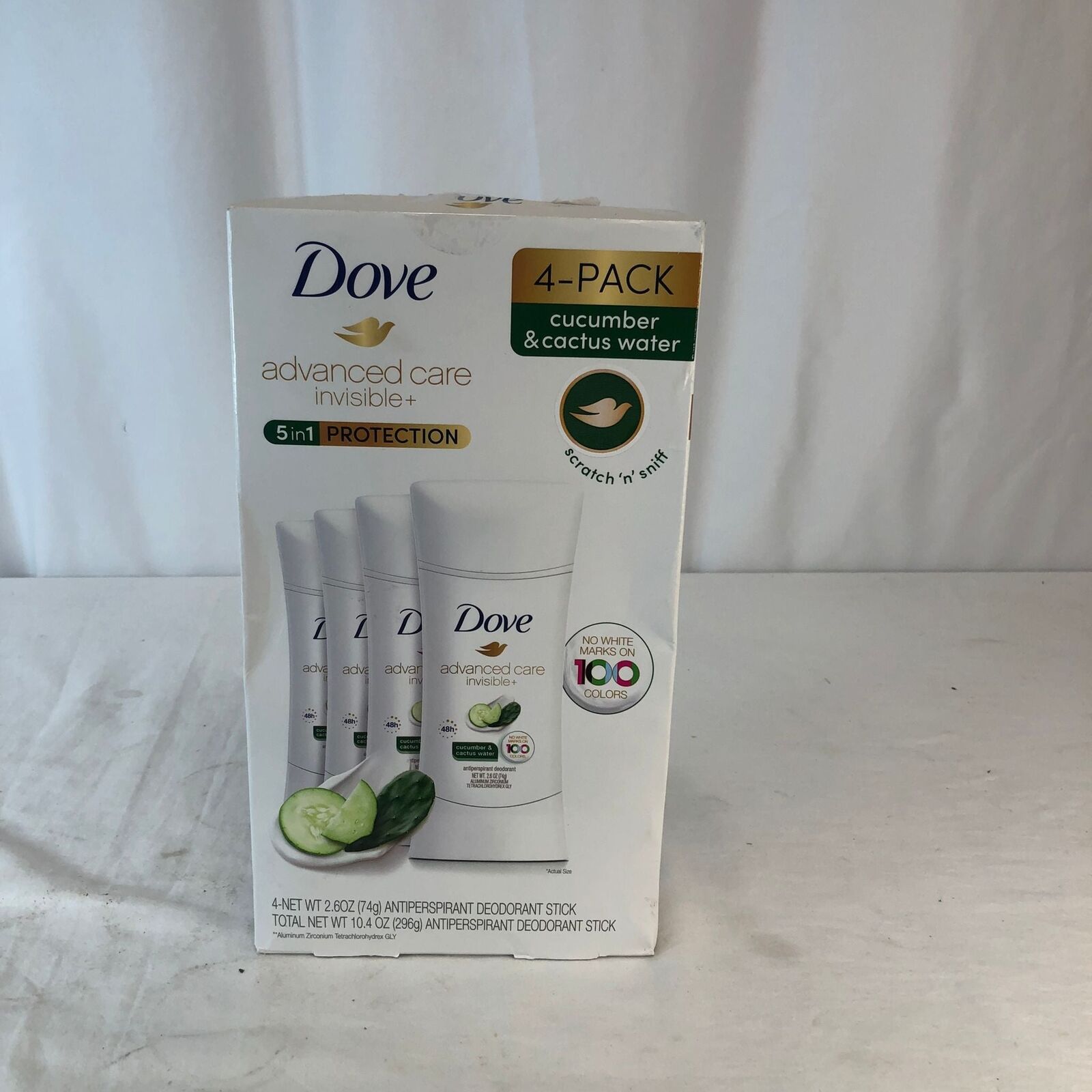 SÉT 4 CÂY THANH LĂN KHỬ MÙI NỮ 5 TRONG 1 DOVE CHIẾT XUẤT DƯA LEO VÀ XƯƠNG RỒNG, DOVE ADVANCED CARE INVISIBLE+ 5 IN 1 PROTECTION CUCUMBER & CACTUS WATER (  4 THANH LĂN x 74G )