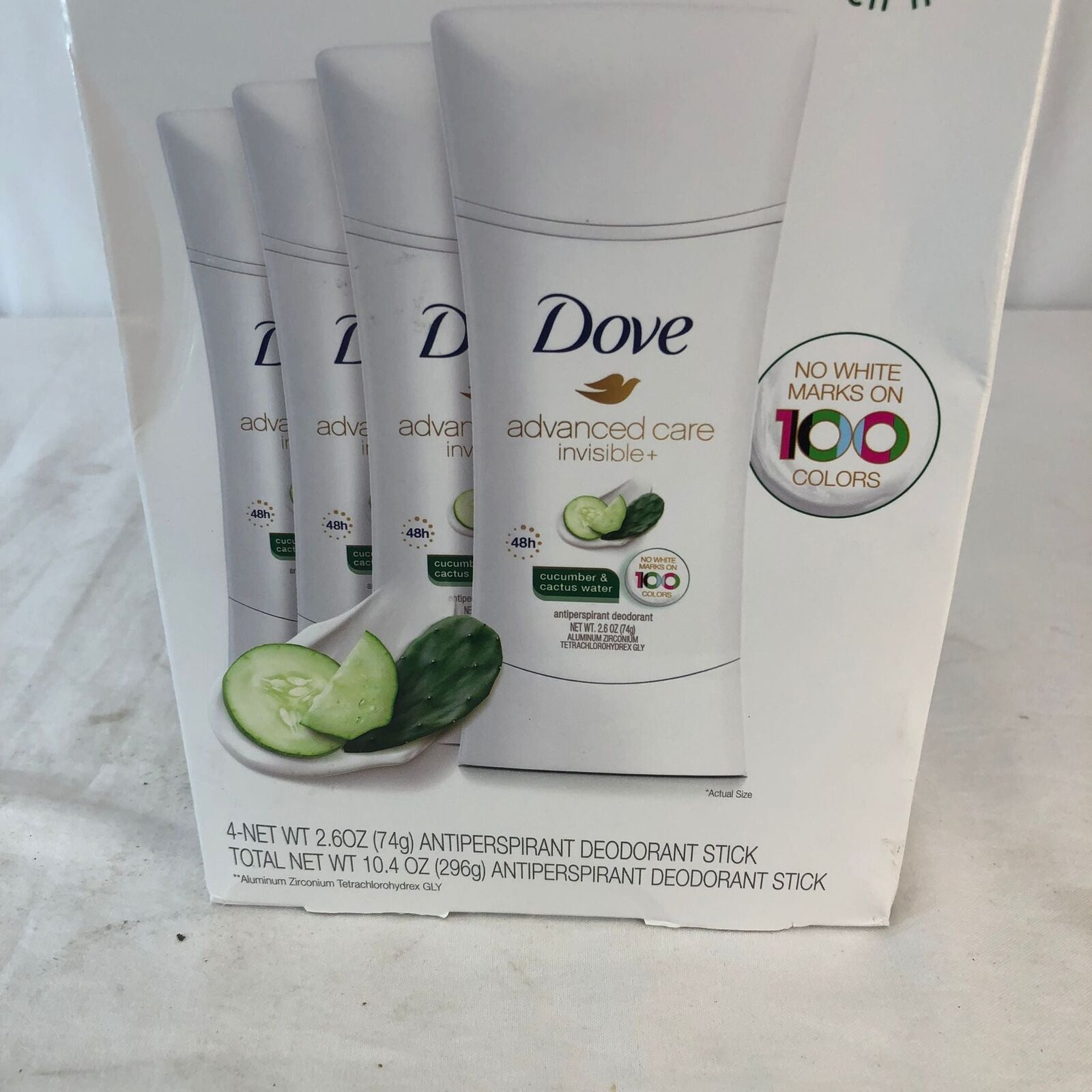 SÉT 4 CÂY THANH LĂN KHỬ MÙI NỮ 5 TRONG 1 DOVE CHIẾT XUẤT DƯA LEO VÀ XƯƠNG RỒNG, DOVE ADVANCED CARE INVISIBLE+ 5 IN 1 PROTECTION CUCUMBER & CACTUS WATER (  4 THANH LĂN x 74G )