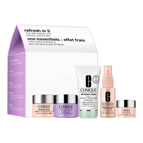 BỘ 5 SẢN PHẨM CHĂM SÓC DA TẨY TRANG VÀ DƯỠNG ẨM CLINIQUE REFRESH IN 5 ( SÁP TẨY TRANG 2 TRONG 1 CLINIQUE 2 IN 1 CLEANSNG + EXFOLIATING JELLY 30ML,  SỮA RỬA MẶT TẨY TẾ BÀO CHẾT HẰNG NGÀY CLINIQUE 2IN1 CLEANSING + EXFOLIATING JELLY,