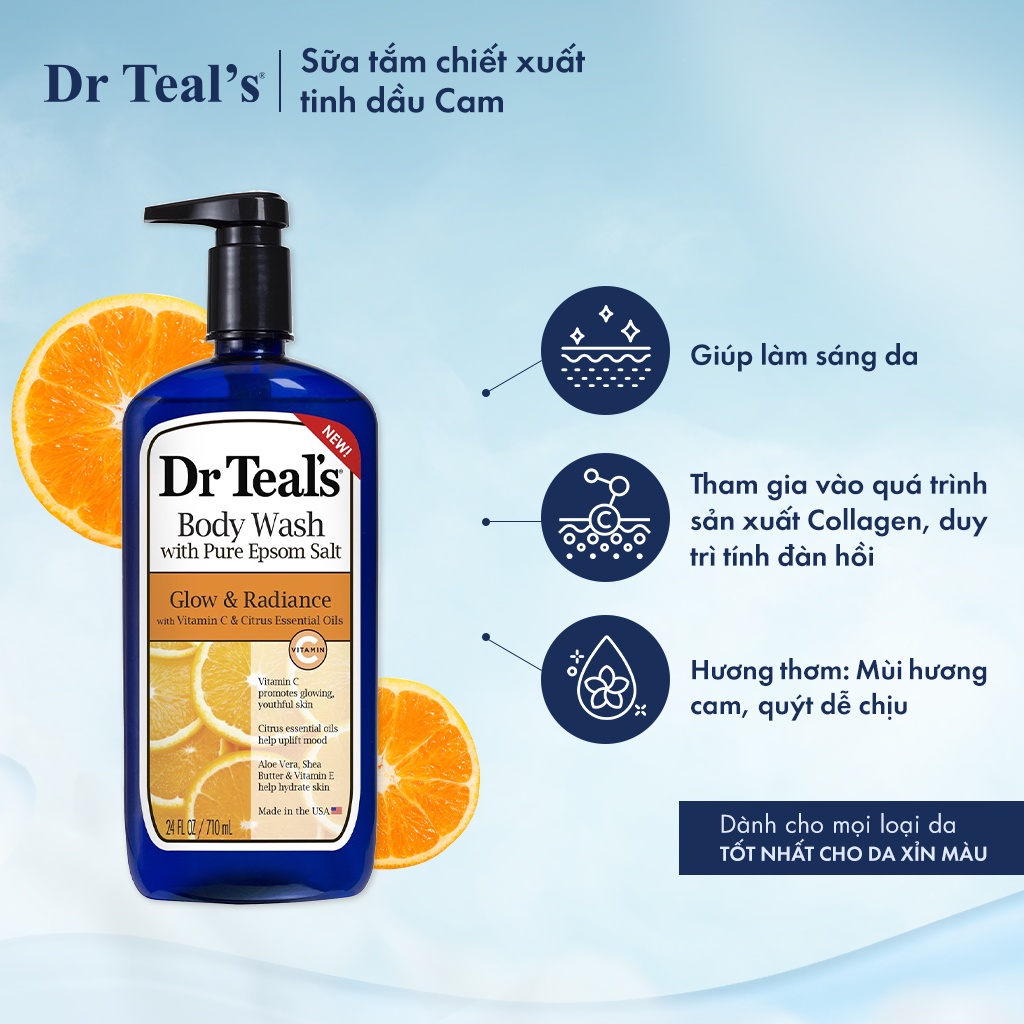 SỮA TẮM MUỐI VỚI VITAMIN C VÀ TINH DẦU CAM QUÝT GIÚP LÀN DA TRẮNG SÁNG, DR TEAL'S BODY WASH WITH PURE EPSOM SALT GLOW & RADIANCE VITAMIN C & CITRUS ESSENTIAL OILS 710ML