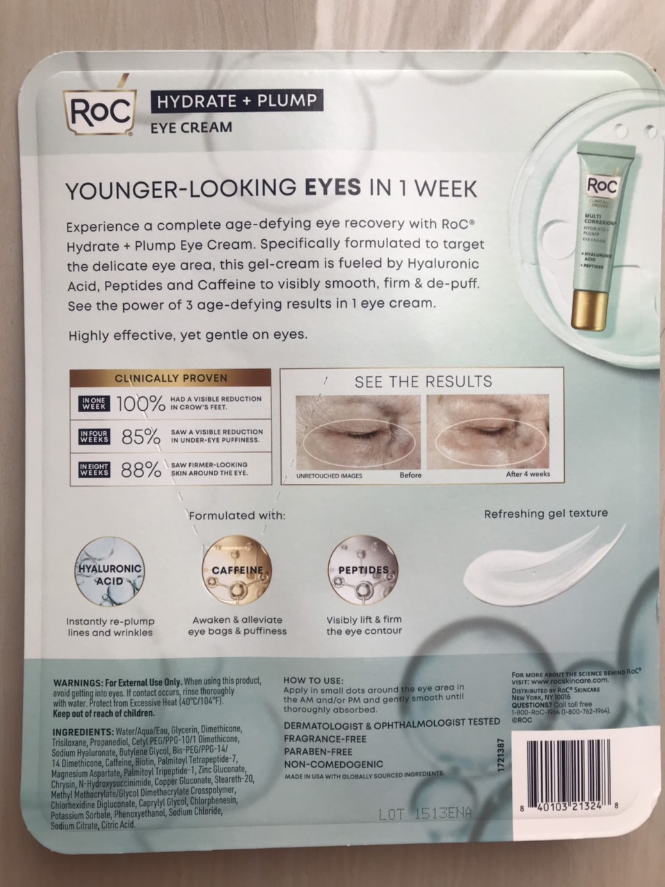 KEM DƯỠNG DA MẮT ROC HYDRATE+PLUMP EYE CREAM YOUNGER-LOOKING EYES IN 1 WEEK ( TUÝP x 17.7ML ) )