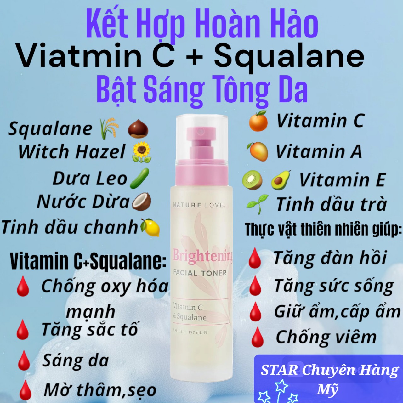 SERUM DƯỠNG ẨM CHỐNG OXY HÓA VÀ LÀM SÁNG DA NATURE LOVE BRIGHTENING FACIAL SERUM VITAMIN C & SQUALANE ( CHAI 59ML )