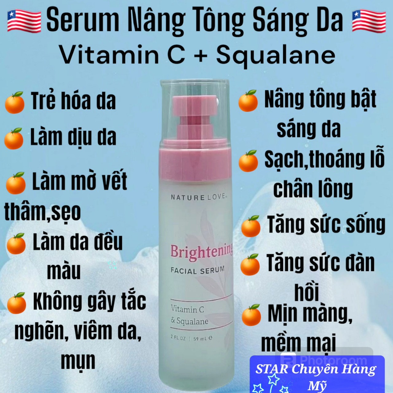 SERUM DƯỠNG ẨM CHỐNG OXY HÓA VÀ LÀM SÁNG DA NATURE LOVE BRIGHTENING FACIAL SERUM VITAMIN C & SQUALANE ( CHAI 59ML )
